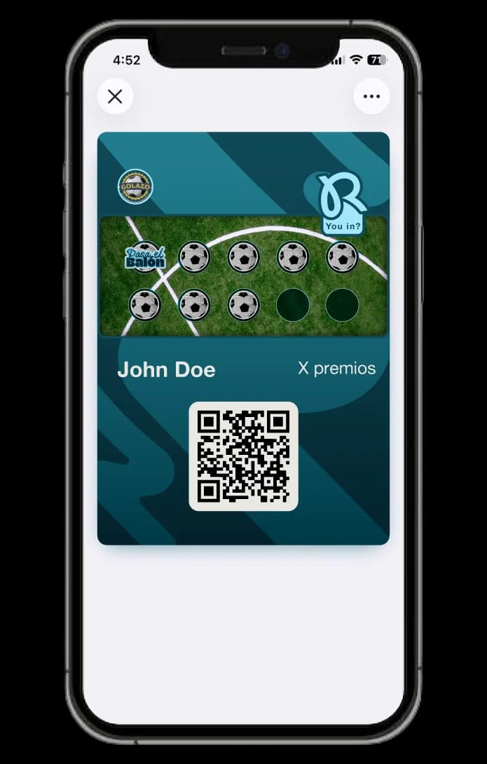 Una tarjeta de sellos de una cancha de fútbol en Wallet, con siete sellos de nueve marcados.